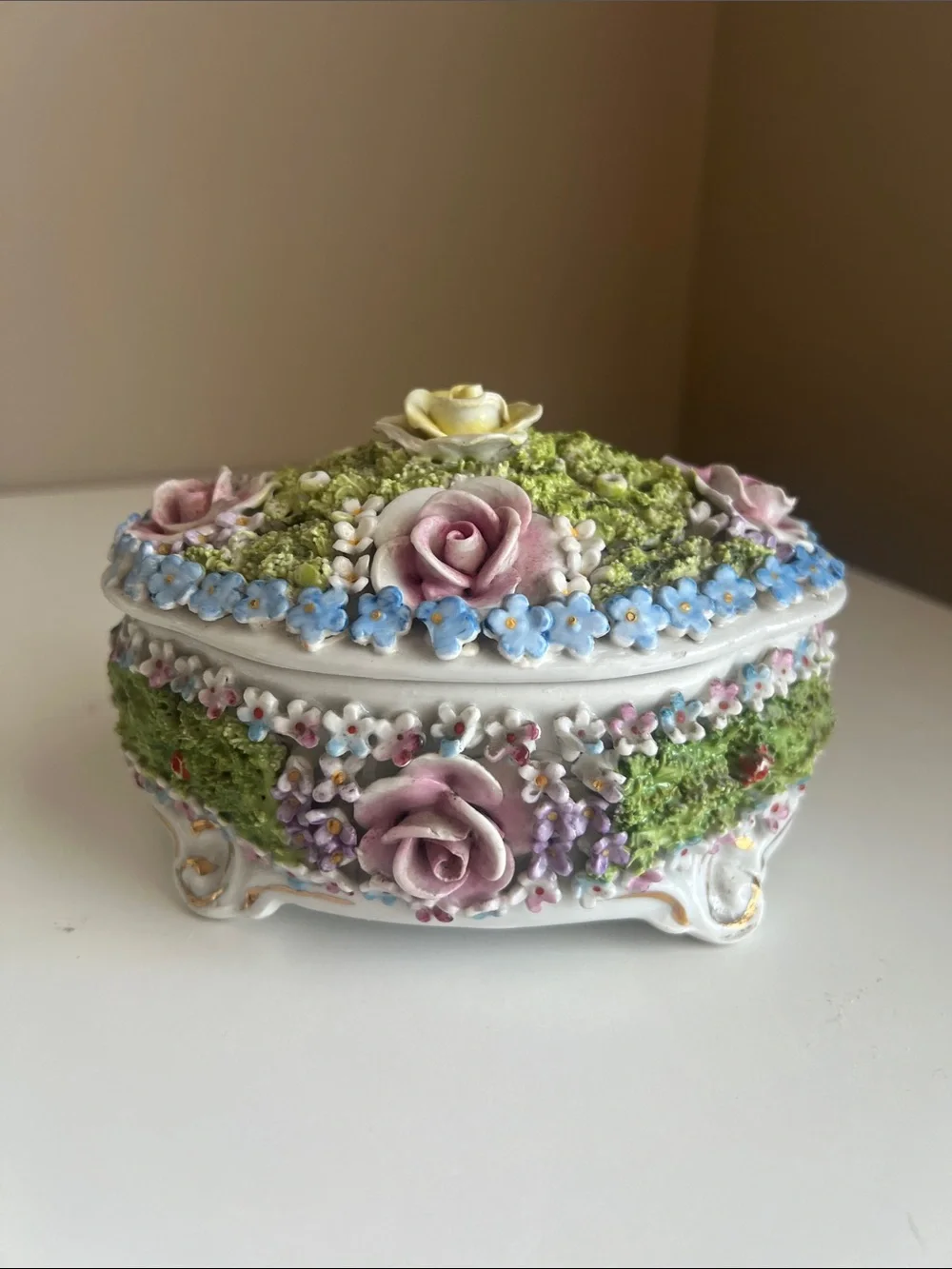RARE Vintage Porcelain Floral Trinket Box with Pink Roses and Blue Blossoms
